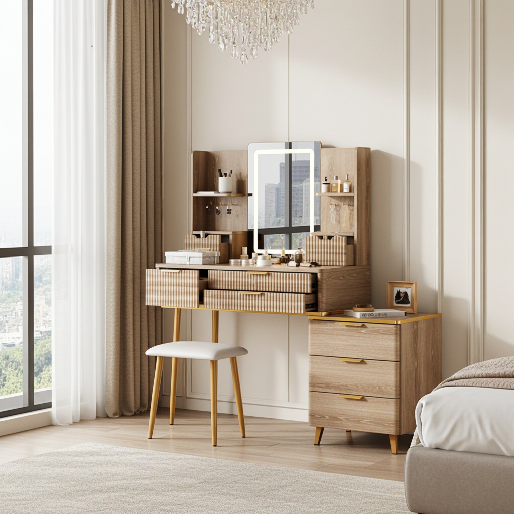 7-Drawer Vanity Desk with LED Mirror & Carved Details, Fluted Makeup Table with Metal Legs and PU Stool, Carved Dressing Table with Jewelry Storage for Bedroom