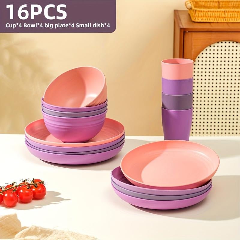 Brczuo 16 Piece Securely Fixed Non Fragile Dining Plate, Wheat Straw Tableware Set, Microwave Dishwasher Safe, Durable Tableware, Black Set Includes 8 Plates, 4 Bowls, 4 Cups, Suitable for Family Gatherings, Birthday Parties, Camping. - Love All Things Home