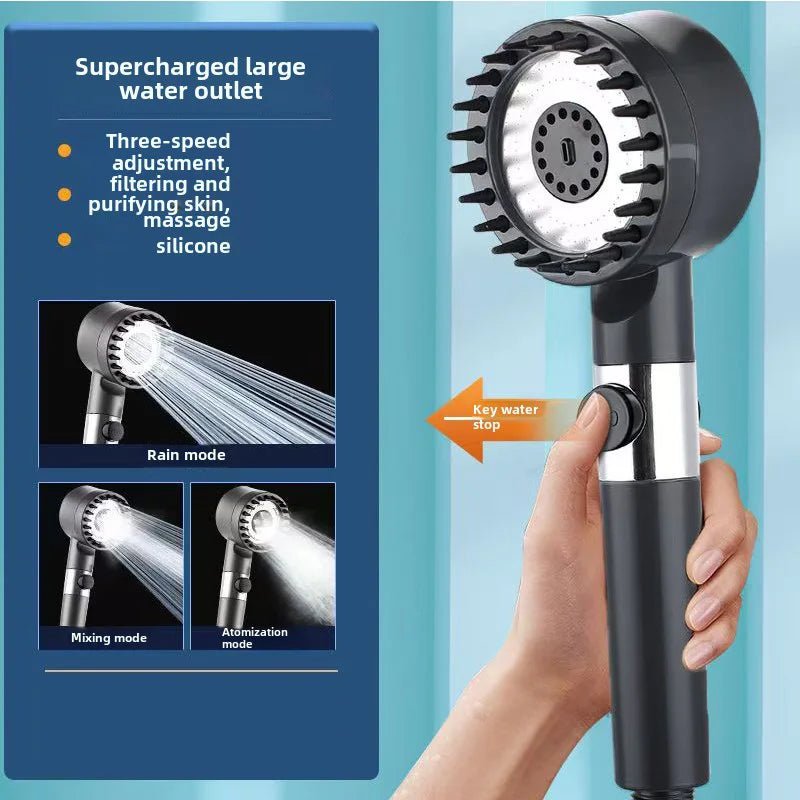 High Pressurized Filter Shower Head 3 - Mode Adjustable Spray with Massage Brush Rain Faucet Bathroom Accessories - Love All Things Home