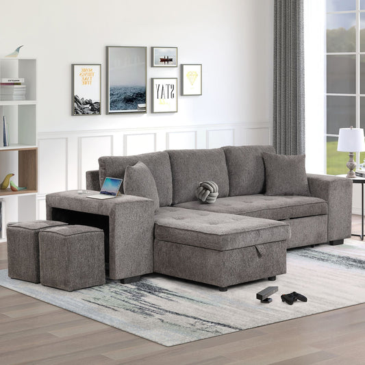 104.5" Pull Out Sleeper Sofa Reversible L - Shape 3 Seat Sectional Couch with Storage Chaise and 2 Stools for Living Room Furniture Set - Love All Things Home