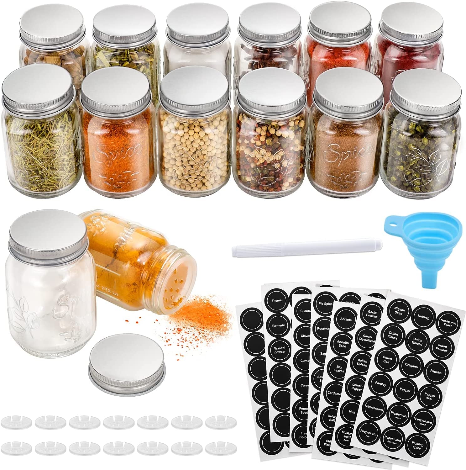 14 Pcs Glass Mason Spice Jars with Spice Labels - 4Oz Empty Spice Bottles - Shaker Lids and Airtight Metal Caps - Chalk Marker and Collapsible Funnel Included - for Herbs & Spices, Jelly, DIY & Crafts - Love All Things Home