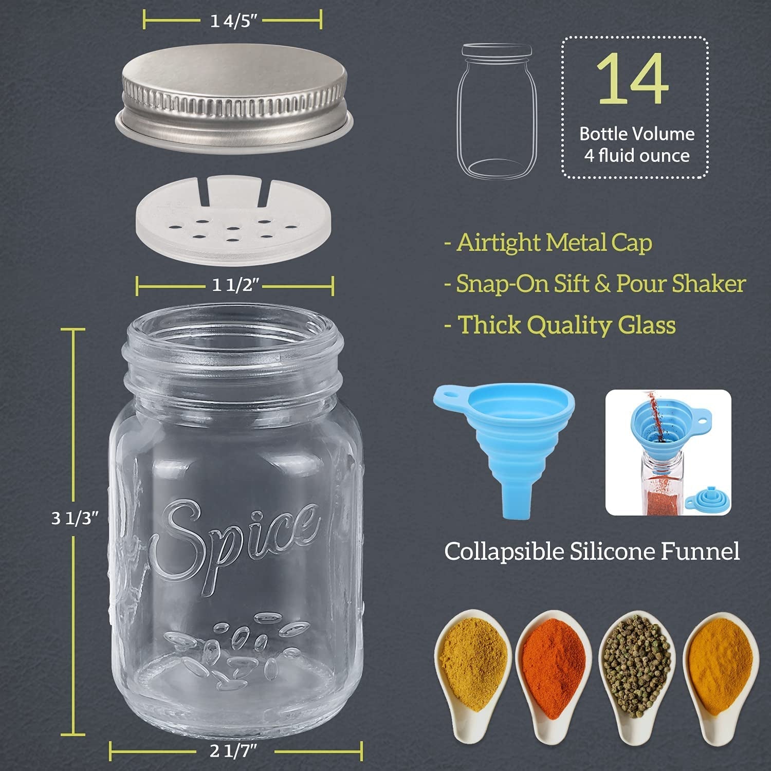 14 Pcs Glass Mason Spice Jars with Spice Labels - 4Oz Empty Spice Bottles - Shaker Lids and Airtight Metal Caps - Chalk Marker and Collapsible Funnel Included - for Herbs & Spices, Jelly, DIY & Crafts - Love All Things Home