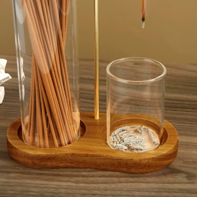 2 in 1 Incense & Candle Holder Natural Wood Base Aromatherapy Diffuser & Removable Glass