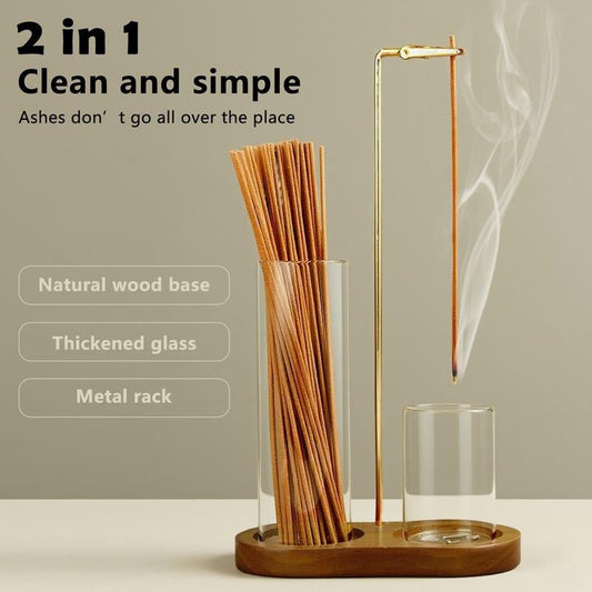 2 in 1 Incense & Candle Holder Natural Wood Base Aromatherapy Diffuser & Removable Glass