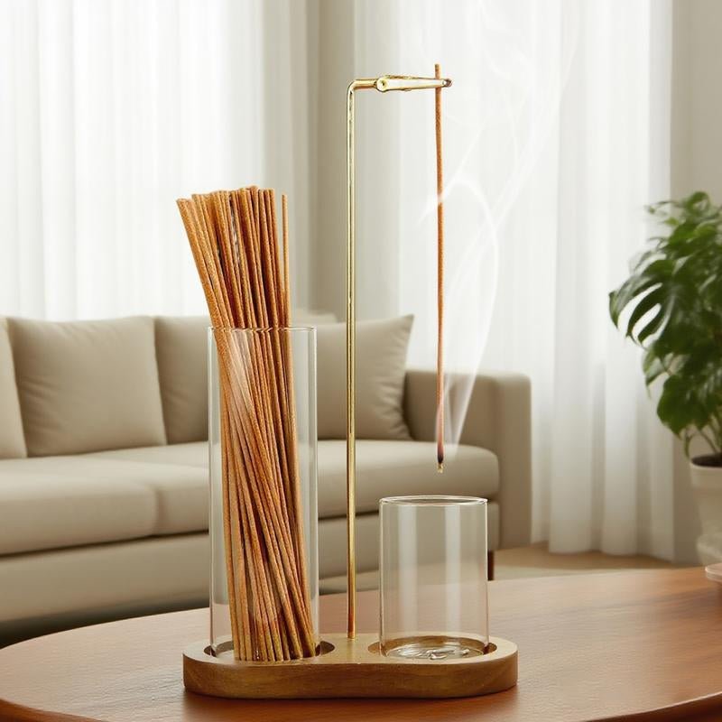 2 in 1 Incense & Candle Holder Natural Wood Base Aromatherapy Diffuser & Removable Glass