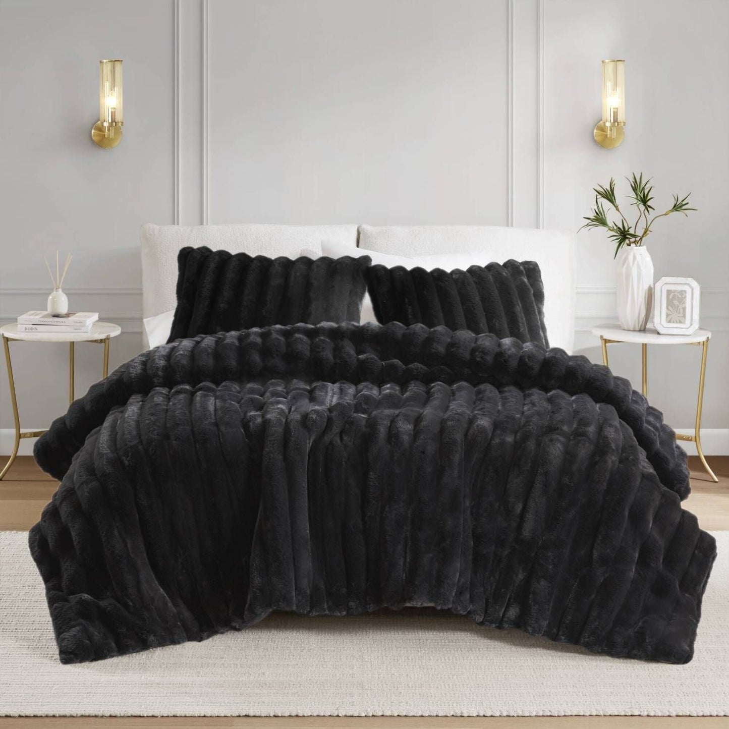3 PCS King Ultrasoft Faux Fur Ribbed Comforter Set Black - Love All Things Home