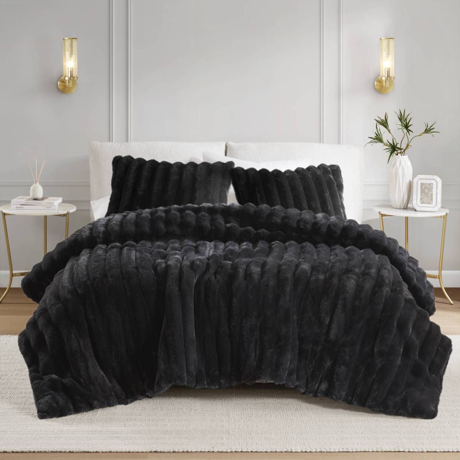 3 PCS King Ultrasoft Faux Fur Ribbed Comforter Set Black - Love All Things Home
