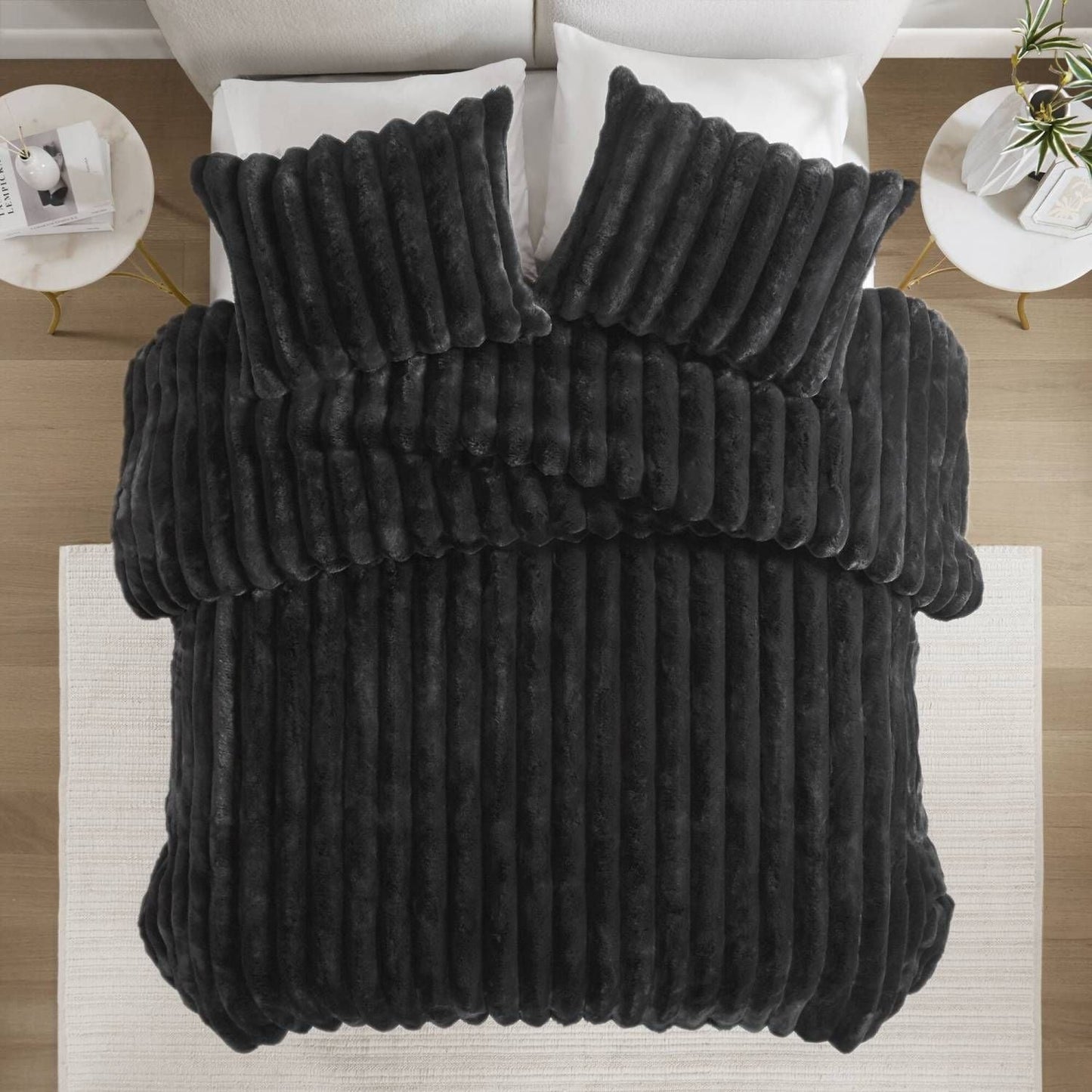 3 PCS King Ultrasoft Faux Fur Ribbed Comforter Set Black - Love All Things Home
