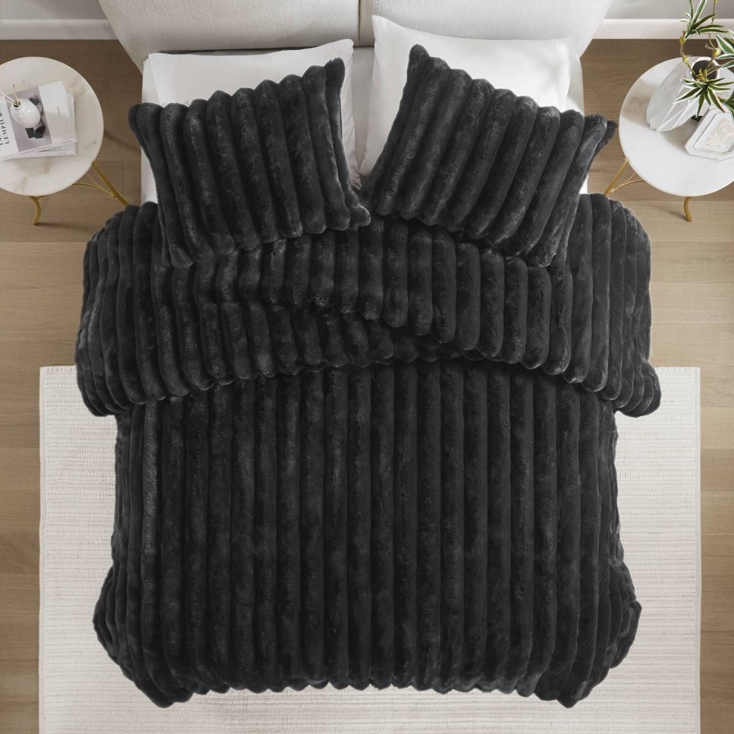 3 PCS King Ultrasoft Faux Fur Ribbed Comforter Set Black - Love All Things Home