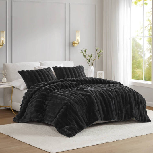 3 PCS King Ultrasoft Faux Fur Ribbed Comforter Set Black - Love All Things Home