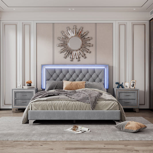 3 - Pieces Bedroom Sets,Queen Size Upholstered Platform Bed with LED Lights and Two Nightstands - Gray - Love All Things Home