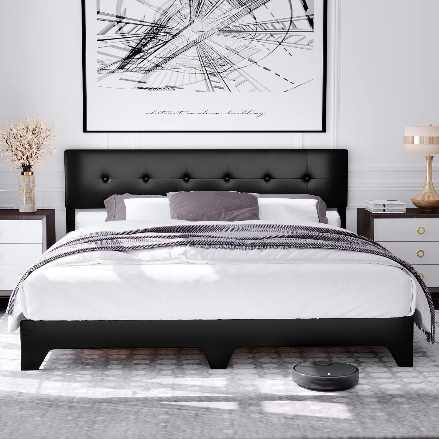 4EVER WINNER King Size Bed Frame with Adjustable Headboard Faux Leather Platform Bed, Black- Love All Things Home