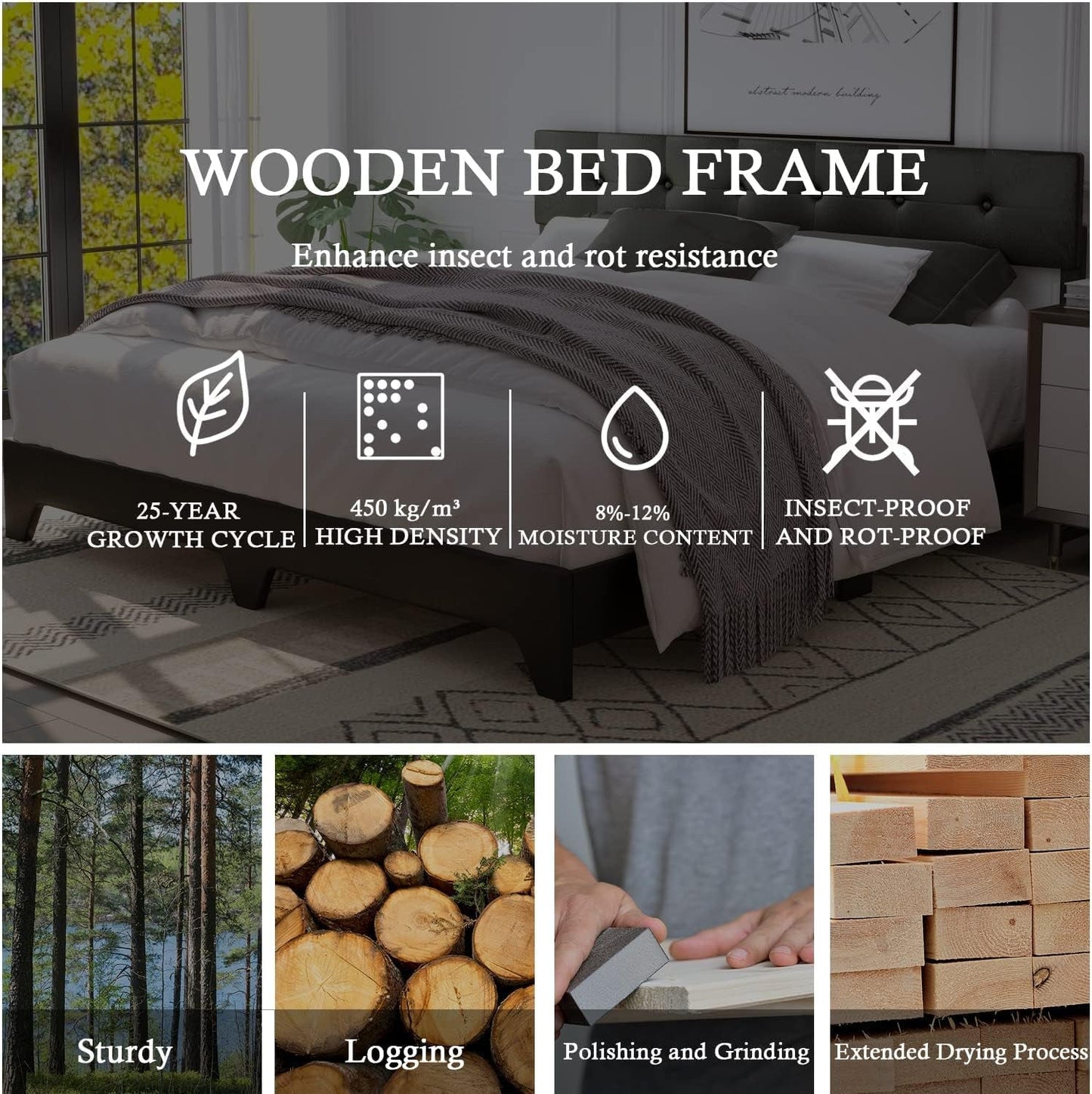 4EVER WINNER King Size Bed Frame with Adjustable Headboard Faux Leather Platform Bed, Black- Love All Things Home