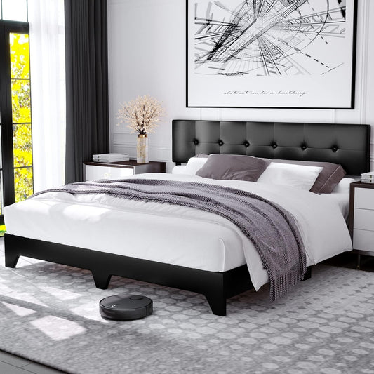 4EVER WINNER King Size Bed Frame with Adjustable Headboard Faux Leather Platform Bed, Black- Love All Things Home