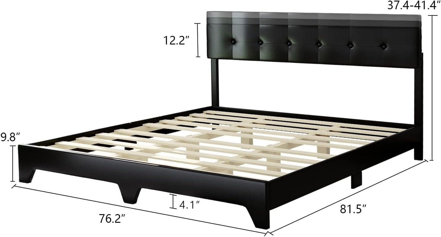 4EVER WINNER King Size Bed Frame with Adjustable Headboard Faux Leather Platform Bed, Black- Love All Things Home