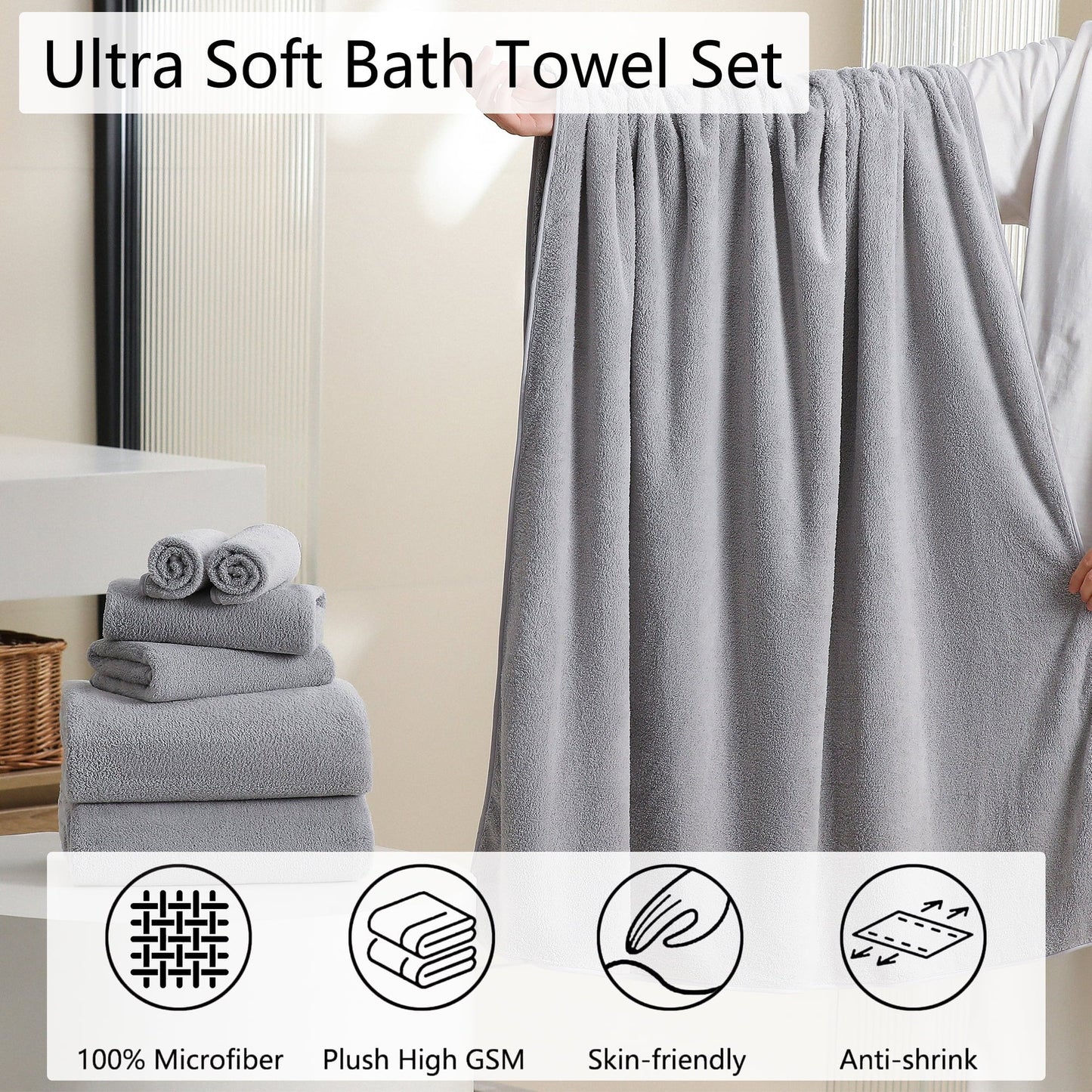 4 Pack Oversized Bath Sheet Towels 700 GSM Ultra Soft Light Gray Bath Towel Set - Love All Things Home