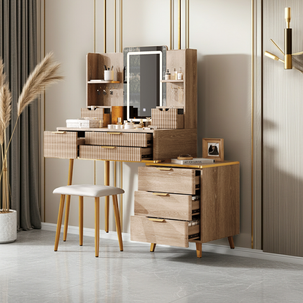 7-Drawer Vanity Desk with LED Mirror & Carved Details, Fluted Makeup Table with Metal Legs and PU Stool, Carved Dressing Table with Jewelry Storage for Bedroom