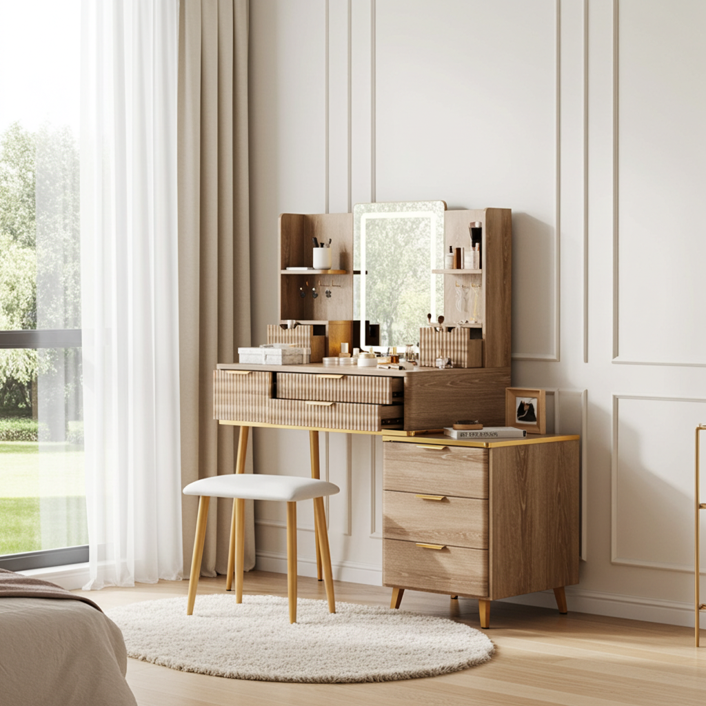 7-Drawer Vanity Desk with LED Mirror & Carved Details, Fluted Makeup Table with Metal Legs and PU Stool, Carved Dressing Table with Jewelry Storage for Bedroom