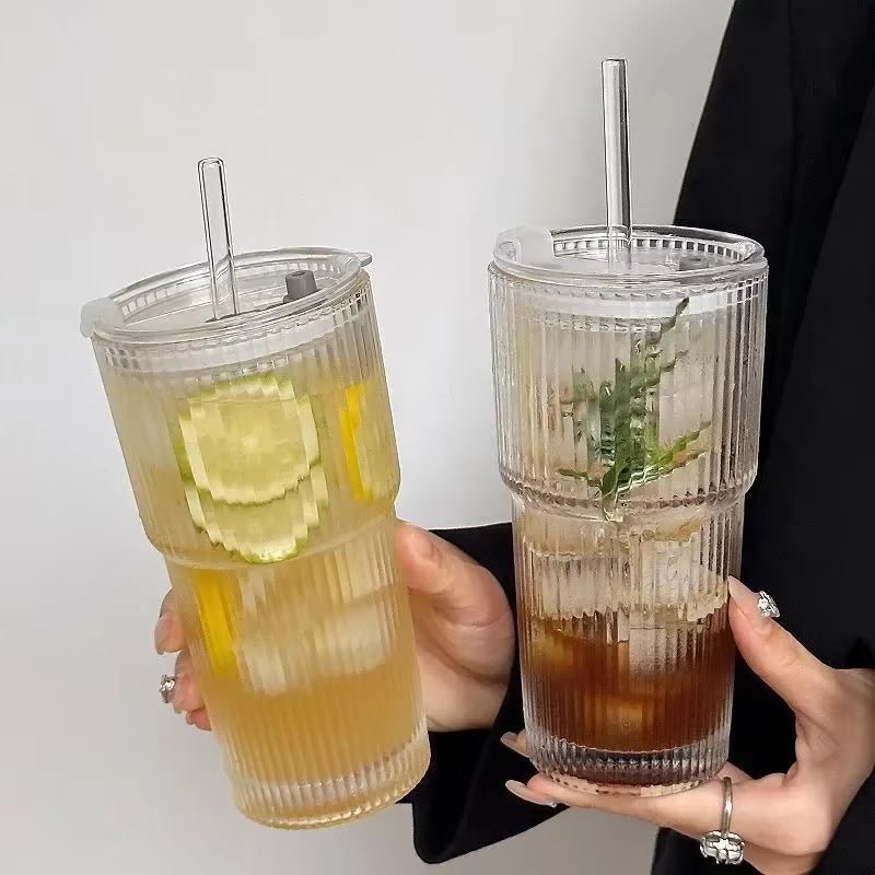 600ML Stripe Glass Coffee Cup with Lid and Straw Transparent Drinking Glasses for Juice Milk Tea Cups Iced Coffee Mugs Drinkware - Love All Things Home