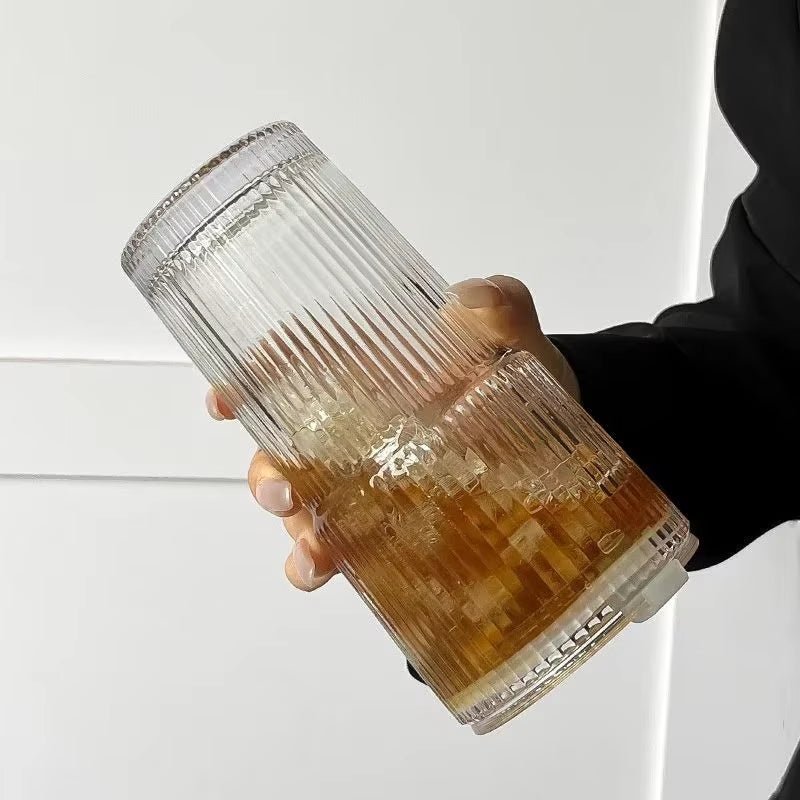 600ML Stripe Glass Coffee Cup with Lid and Straw Transparent Drinking Glasses for Juice Milk Tea Cups Iced Coffee Mugs Drinkware - Love All Things Home