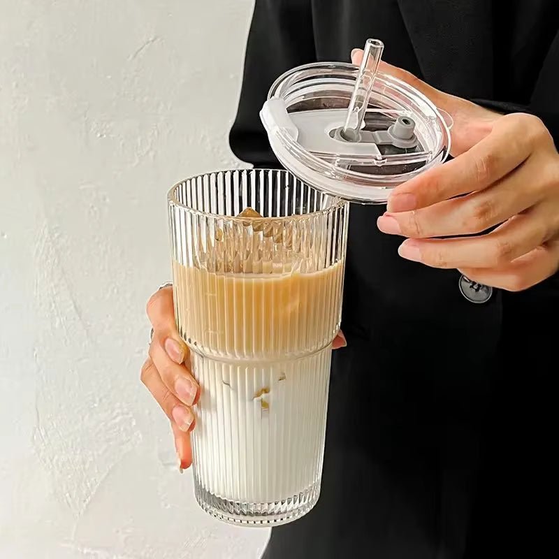 600ML Stripe Glass Coffee Cup with Lid and Straw Transparent Drinking Glasses for Juice Milk Tea Cups Iced Coffee Mugs Drinkware - Love All Things Home