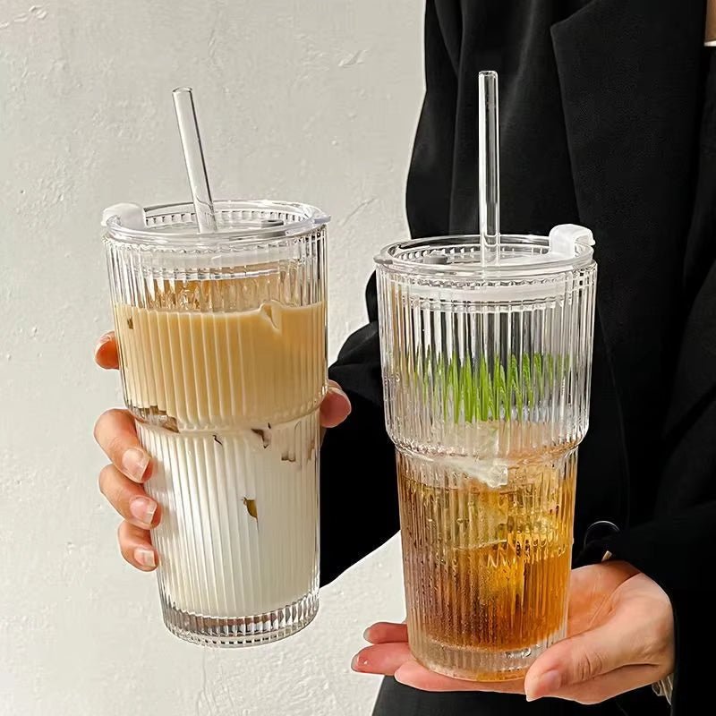 600ML Stripe Glass Coffee Cup with Lid and Straw Transparent Drinking Glasses for Juice Milk Tea Cups Iced Coffee Mugs Drinkware - Love All Things Home