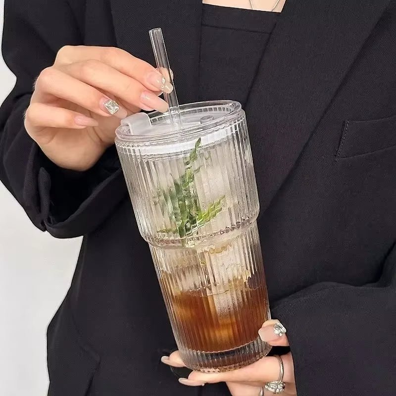 600ML Stripe Glass Coffee Cup with Lid and Straw Transparent Drinking Glasses for Juice Milk Tea Cups Iced Coffee Mugs Drinkware - Love All Things Home