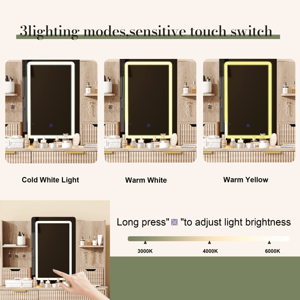 7 - Drawer Vanity Desk with LED Mirror & Carved Details, Fluted Makeup Table with Metal Legs and PU Stool, Carved Dressing Table with Jewelry Storage for Bedroom - Love All Things Home