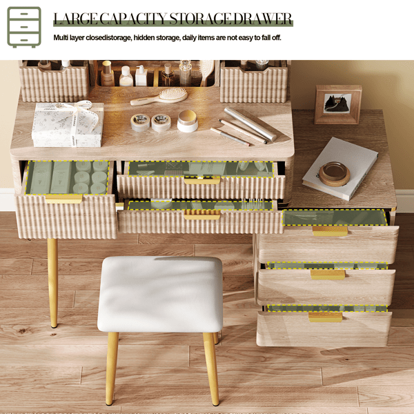 7 - Drawer Vanity Desk with LED Mirror & Carved Details, Fluted Makeup Table with Metal Legs and PU Stool, Carved Dressing Table with Jewelry Storage for Bedroom - Love All Things Home