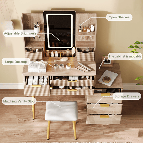 7 - Drawer Vanity Desk with LED Mirror & Carved Details, Fluted Makeup Table with Metal Legs and PU Stool, Carved Dressing Table with Jewelry Storage for Bedroom - Love All Things Home