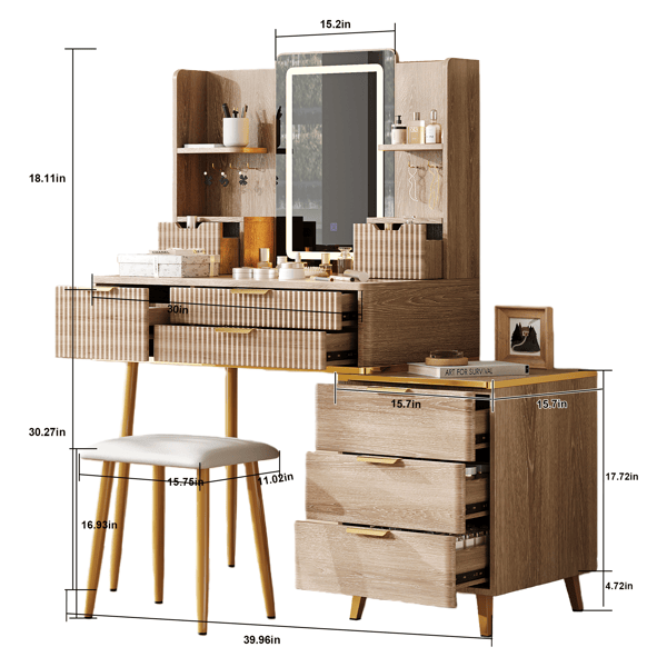 7 - Drawer Vanity Desk with LED Mirror & Carved Details, Fluted Makeup Table with Metal Legs and PU Stool, Carved Dressing Table with Jewelry Storage for Bedroom - Love All Things Home