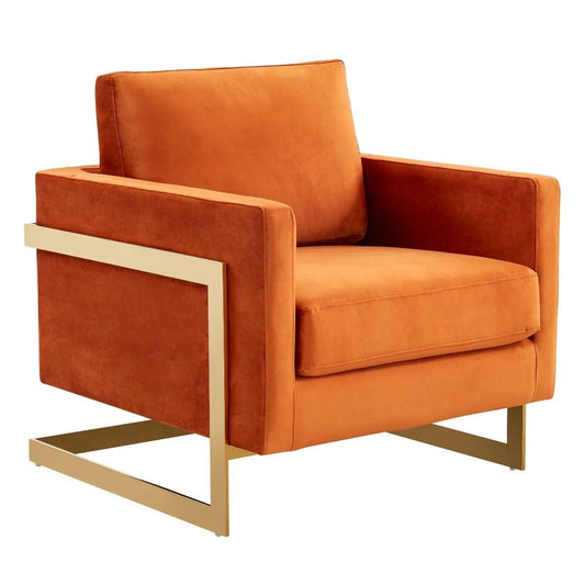Accent Armchair Upholstered in Velvet with Gold Stainless Steel in Orange Marmalade
