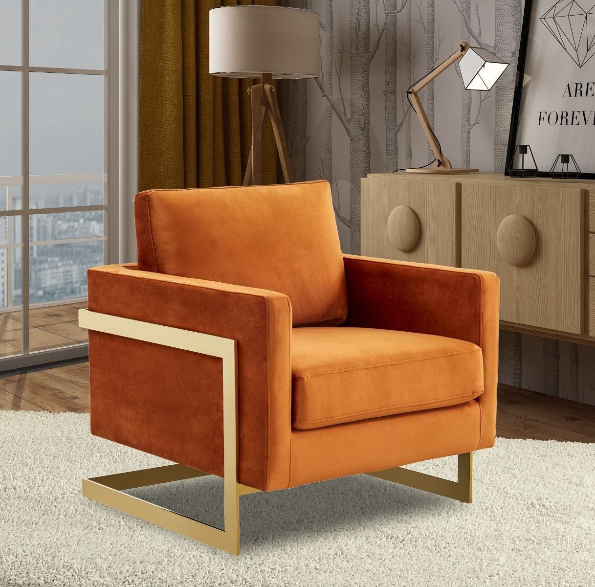 Accent Armchair Upholstered in Velvet with Gold Stainless Steel in Orange Marmalade
