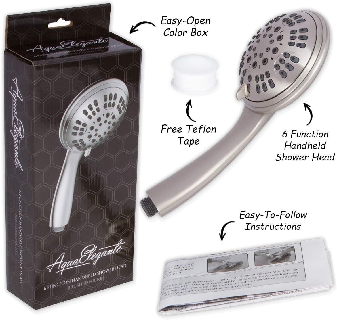Aqua Elegante 6 Function Luxury Handheld Shower Head - Adjustable Pressure Rainfall Spray with Removable Nozzle, Brushed Nickel - Love All Things Home