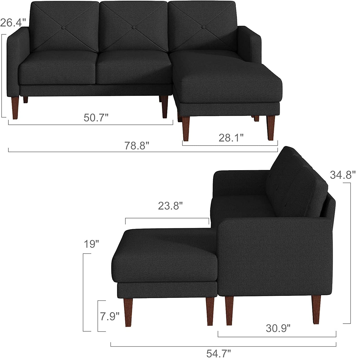 Belffin Convertible Sectional L Shaped Sofa with Chaise - Dark Grey - Love All Things Home