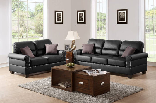 Black Bonded Leather 2pc Sofa Set Sofa And Loveseat Living Room Furniture - Love All Things Home