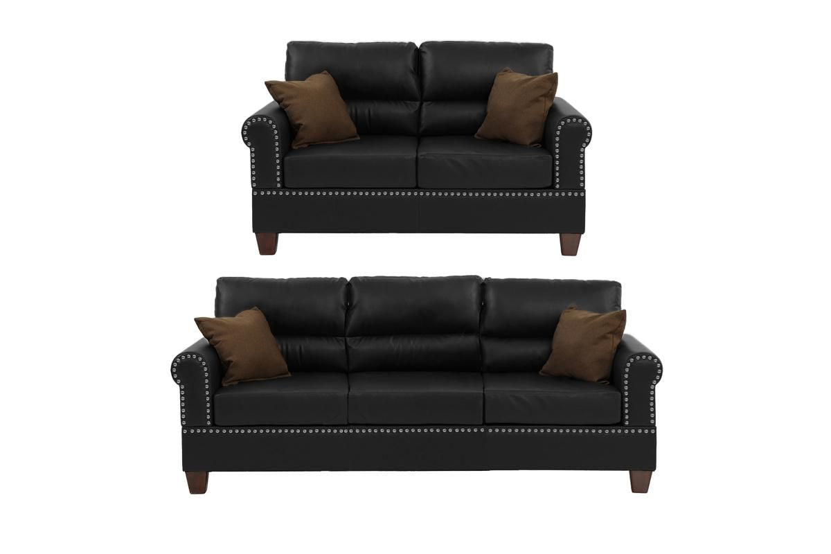 Black Bonded Leather 2pc Sofa Set Sofa And Loveseat Living Room Furniture - Love All Things Home