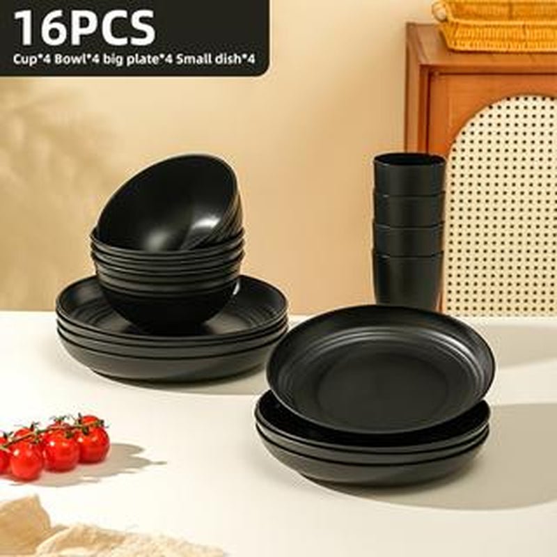 Brczuo 16 Piece Securely Fixed Non Fragile Dining Plate, Wheat Straw Tableware Set, Microwave Dishwasher Safe, Durable Tableware, Black Set Includes 8 Plates, 4 Bowls, 4 Cups, Suitable for Family Gatherings, Birthday Parties, Camping. - Love All Things Home