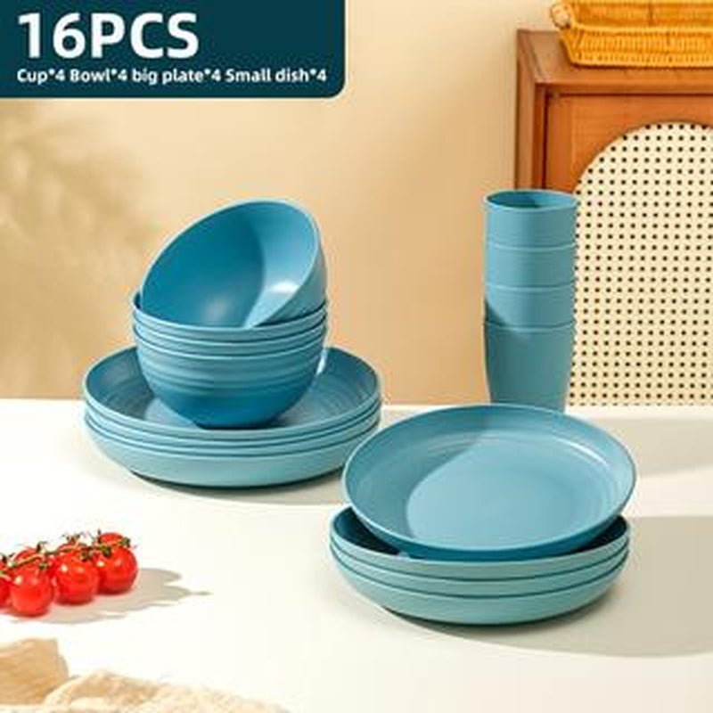 Brczuo 16 Piece Securely Fixed Non Fragile Dining Plate, Wheat Straw Tableware Set, Microwave Dishwasher Safe, Durable Tableware, Black Set Includes 8 Plates, 4 Bowls, 4 Cups, Suitable for Family Gatherings, Birthday Parties, Camping. - Love All Things Home