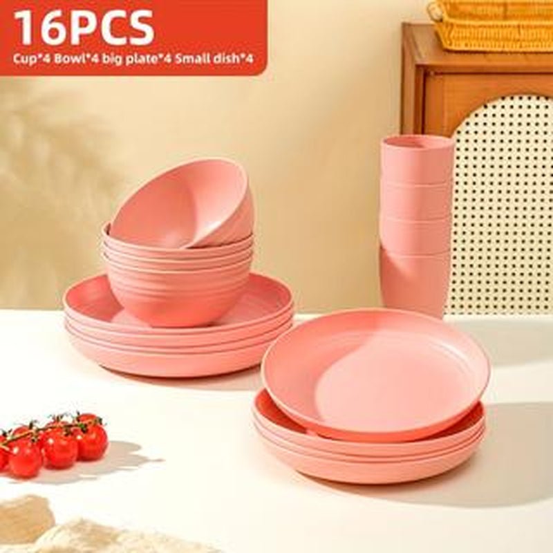 Brczuo 16 Piece Securely Fixed Non Fragile Dining Plate, Wheat Straw Tableware Set, Microwave Dishwasher Safe, Durable Tableware, Black Set Includes 8 Plates, 4 Bowls, 4 Cups, Suitable for Family Gatherings, Birthday Parties, Camping. - Love All Things Home