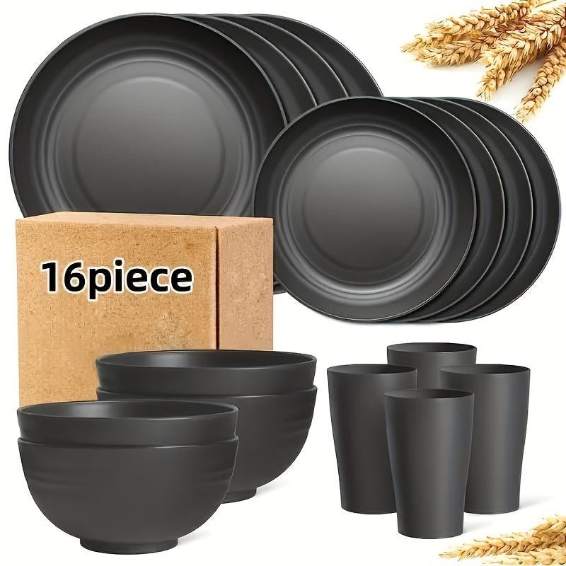 Brczuo 16 Piece Securely Fixed Non Fragile Dining Plate, Wheat Straw Tableware Set, Microwave Dishwasher Safe, Durable Tableware, Black Set Includes 8 Plates, 4 Bowls, 4 Cups, Suitable for Family Gatherings, Birthday Parties, Camping. - Love All Things Home