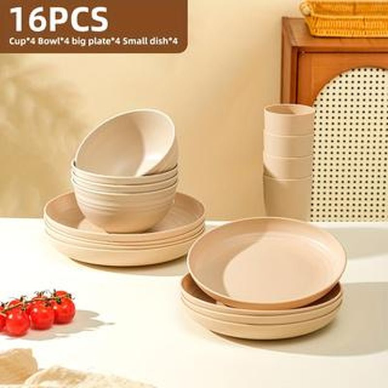 Brczuo 16 Piece Securely Fixed Non Fragile Dining Plate, Wheat Straw Tableware Set, Microwave Dishwasher Safe, Durable Tableware, Black Set Includes 8 Plates, 4 Bowls, 4 Cups, Suitable for Family Gatherings, Birthday Parties, Camping. - Love All Things Home