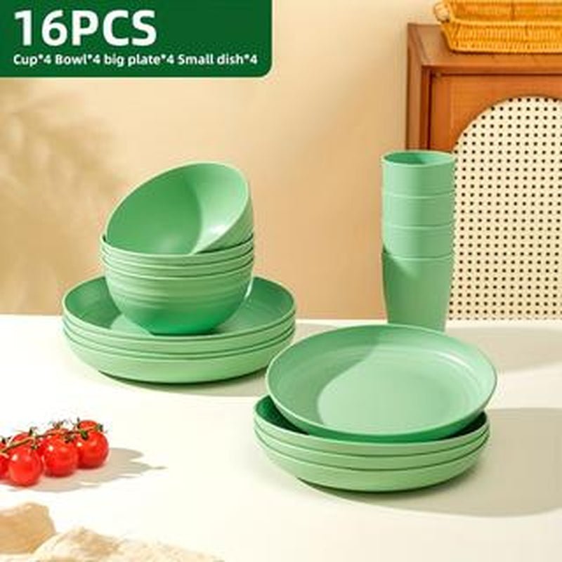Brczuo 16 Piece Securely Fixed Non Fragile Dining Plate, Wheat Straw Tableware Set, Microwave Dishwasher Safe, Durable Tableware, Black Set Includes 8 Plates, 4 Bowls, 4 Cups, Suitable for Family Gatherings, Birthday Parties, Camping. - Love All Things Home