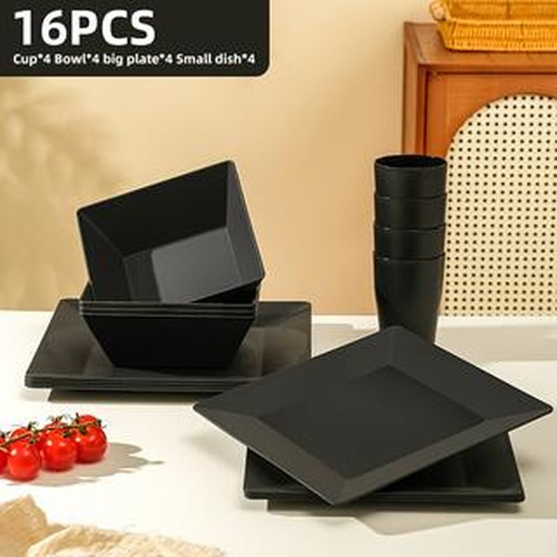 Brczuo 16 Piece Securely Fixed Non Fragile Dining Plate, Wheat Straw Tableware Set, Microwave Dishwasher Safe, Durable Tableware, Black Set Includes 8 Plates, 4 Bowls, 4 Cups, Suitable for Family Gatherings, Birthday Parties, Camping. - Love All Things Home