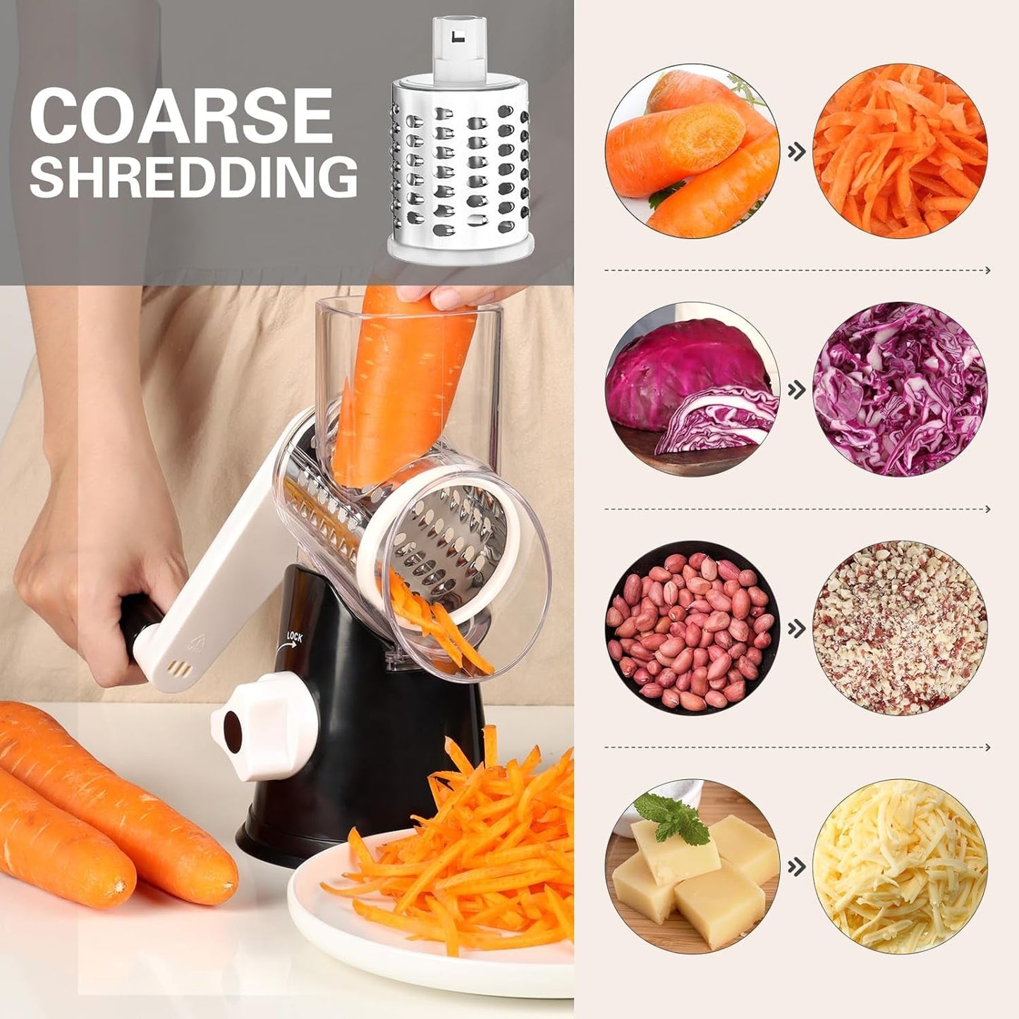 Cambom Rotary Cheese Grater Hand Crank Cheese Shredder for Fresh Cheese, Vegetable, Nuts,Non - Slip Suction Base, Free Cleaning Brush Three Blades, Black - Love All Things Home