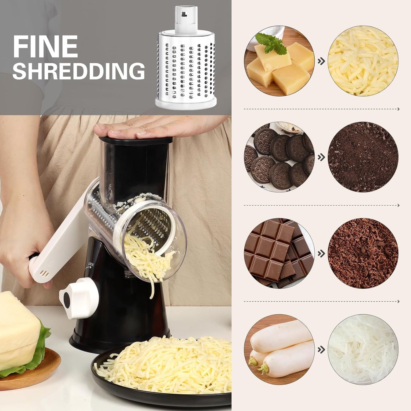 Cambom Rotary Cheese Grater Hand Crank Cheese Shredder for Fresh Cheese, Vegetable, Nuts,Non - Slip Suction Base, Free Cleaning Brush Three Blades, Black - Love All Things Home