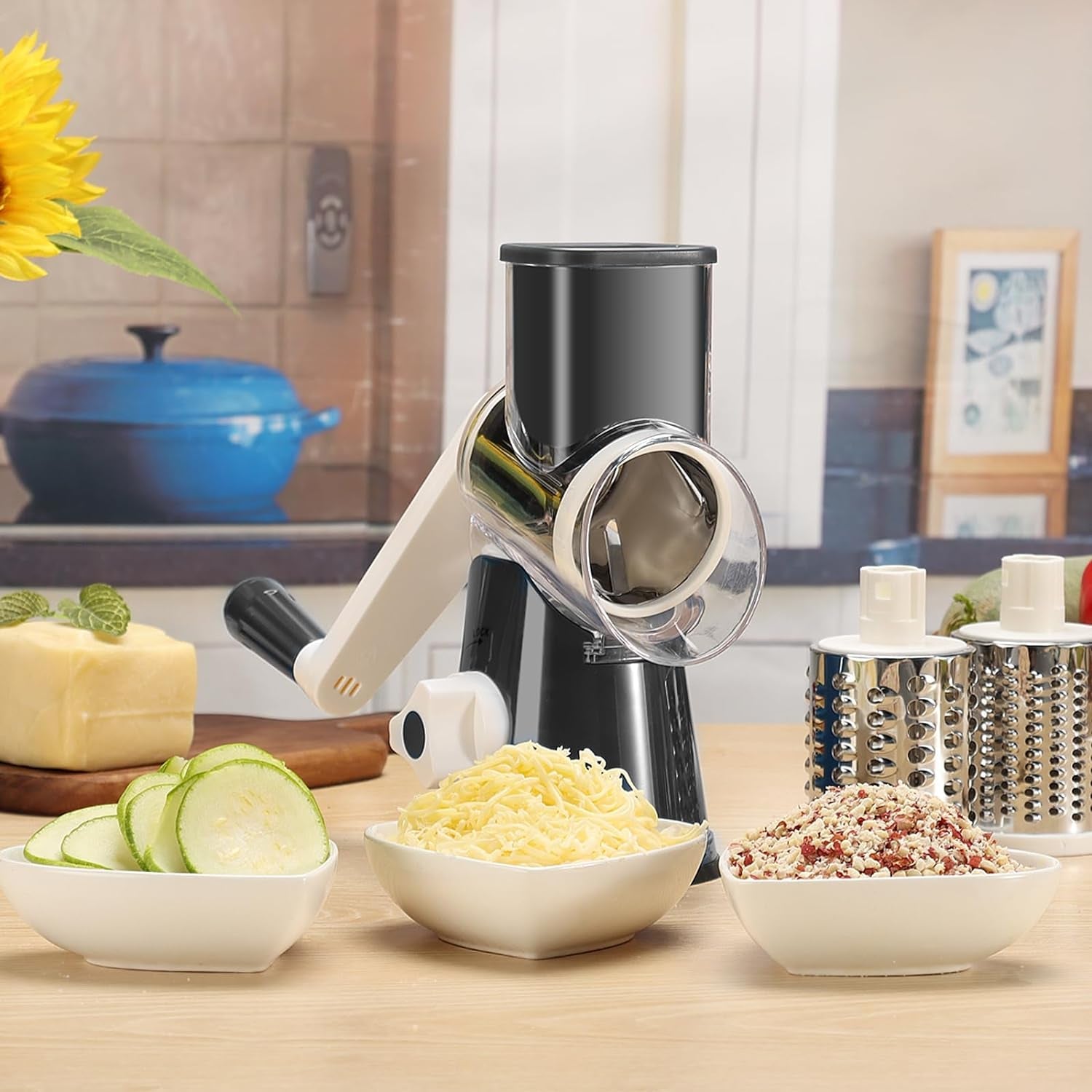 Cambom Rotary Cheese Grater Hand Crank Cheese Shredder for Fresh Cheese, Vegetable, Nuts,Non - Slip Suction Base, Free Cleaning Brush Three Blades, Black - Love All Things Home