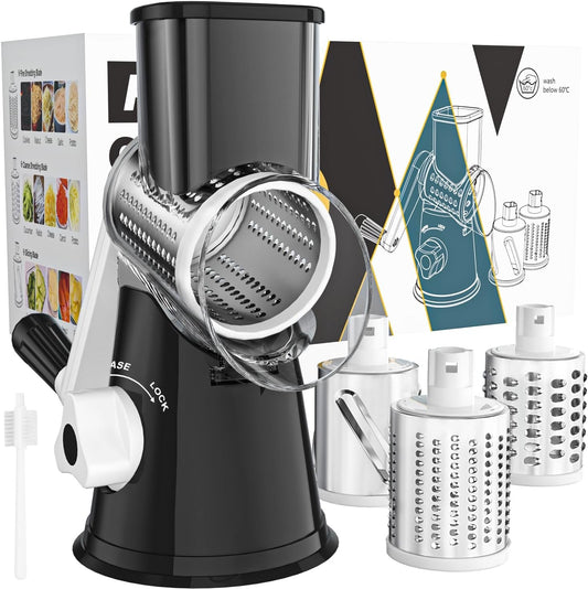 Cambom Rotary Cheese Grater Hand Crank Cheese Shredder for Fresh Cheese, Vegetable, Nuts,Non - Slip Suction Base, Free Cleaning Brush Three Blades, Black - Love All Things Home
