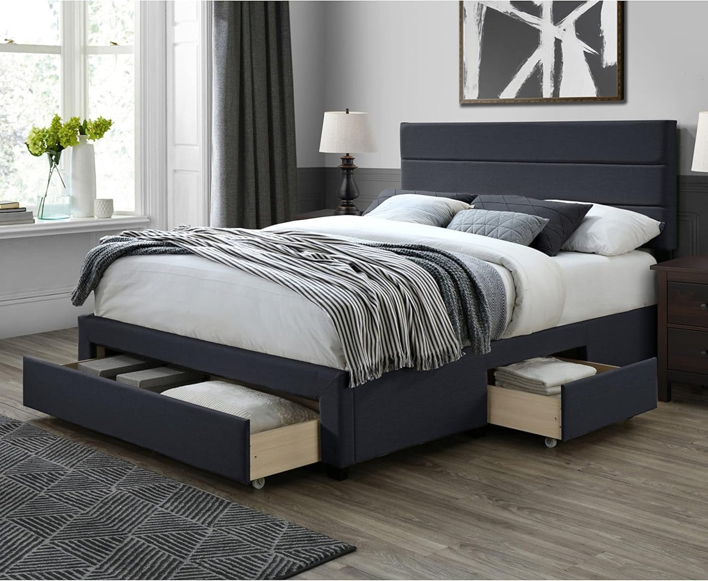 DG Casa Flynn Bed Frame Queen Size Bed Frame - Charcoal Fabric Panel Bed Frame with Storage Drawers - Love All Things Home
