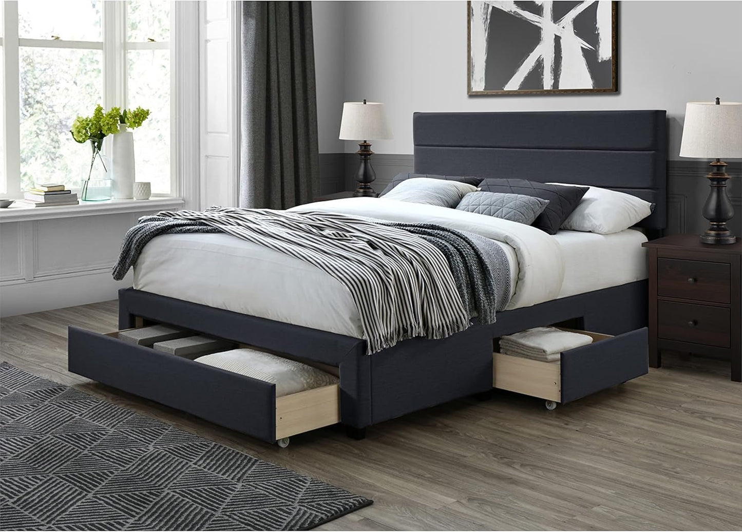 DG Casa Flynn Bed Frame Queen Size Bed Frame - Charcoal Fabric Panel Bed Frame with Storage Drawers - Love All Things Home